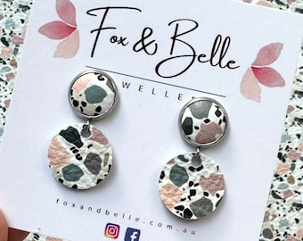 Small leather dangle earrings in granite. Granite pattern earrings. Stainless steel. Light weight. Small version- 10mm stud 16mm circle