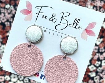 Colour block leather earrings in strawberries and cream. White and baby pink earrings. Hypoallergenic stainless steel. 12mm stud.