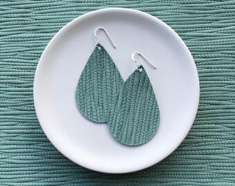 Leather Earrings- Tear Drop Bamboo Weave forest green print. Hypoallergenic sterling silver hooks. Light weight earrings.