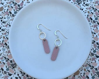 Dainty dangles in blush pink. Leather dangle earrings. Light weight earrings. Pink earrings. Blush earrings. Hoop earrings.