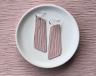 Leather earrings- The Nova in pink bamboo weave. Light weight earrings. Hypoallergenic sterling silver hook.