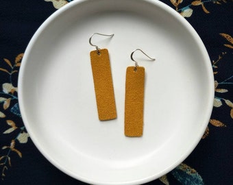 Leather earrings- Bar design in mustard suede. Hypoallergenic sterling silver hooks. Light weight earrings.