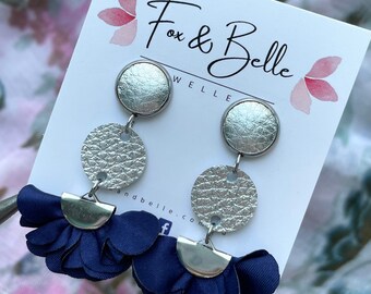 Leather earrings- silver floral dangle earrings. Stainless steel silver stud with navy material floral fan. Silver  earrings. Light weight.