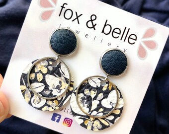 Leather earrings in navy floral with navy leather stud. Stainless steel post. Hypoallergenic. Light weight earring. 12mm stud.
