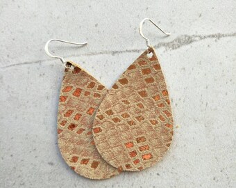 Leather Earrings- Tear Drop in rose gold sparkle print. Hypoallergenic sterling silver hooks. Light weight earrings.