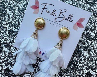 Dangle earrings- cascade bloom in white. Stunning gold leather stud in stainless steel with soft fabric petals. light weight hypoallergenic