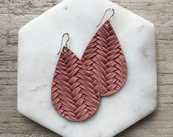Leather Earrings- Tear Drop Blush Pink Braided print. Hypoallergenic sterling silver hooks. Light weight earrings.