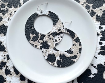 Leather earrings - The Eclipse in alpine leopard. Round earrings. Hypoallergenic sterling silver hooks. Light weight earrings.