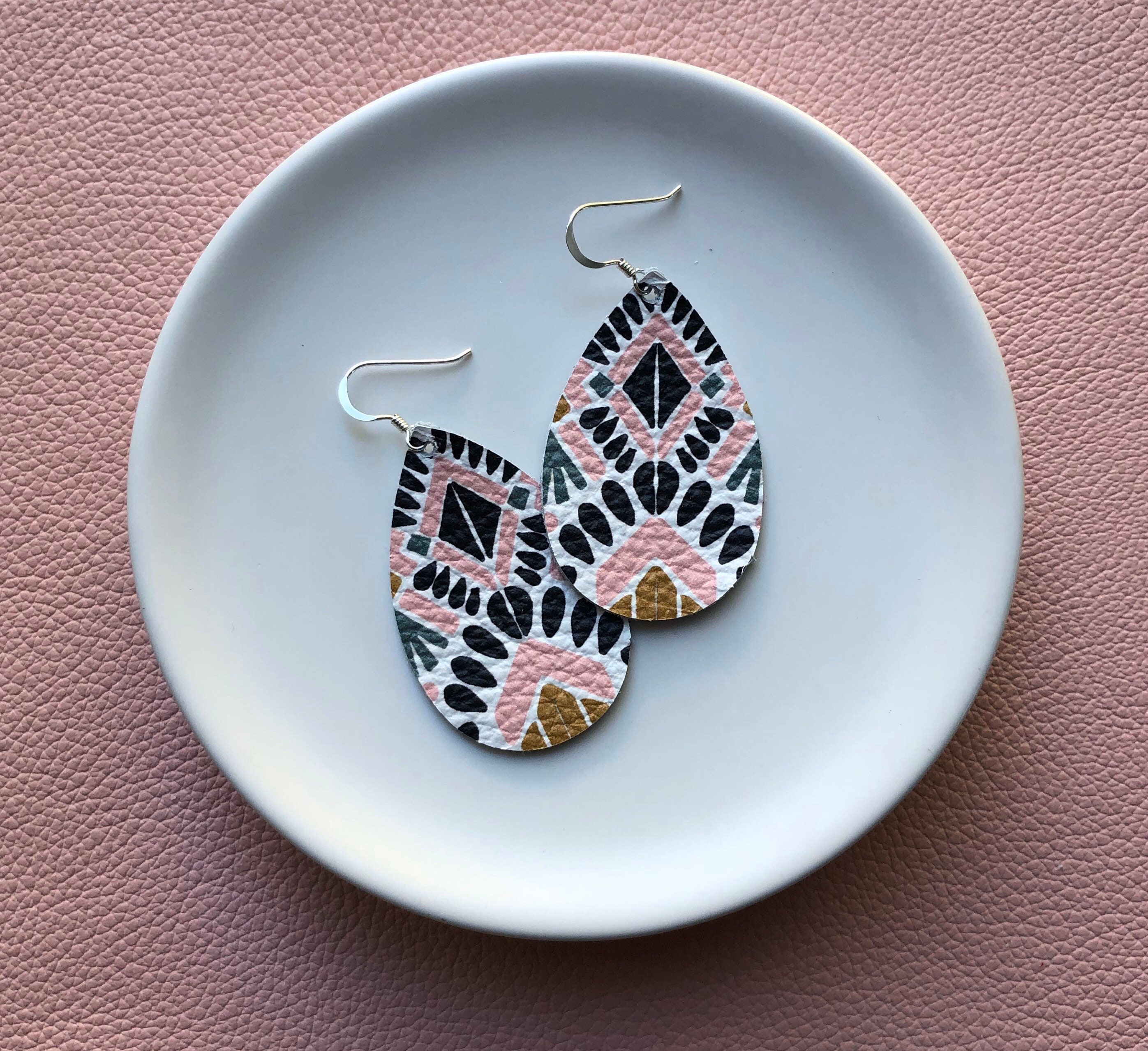 Leather Earrings Mini Drop in Aztec print. Hypoallergenic sterling