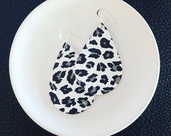 Leather Earrings- Tear Drop arctic leopard print. Hypoallergenic sterling silver hooks. Light weight earrings.