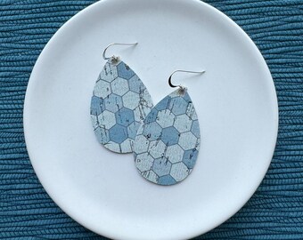 Cork Earrings with leather backing- Mini Drop in blue hive. Hypoallergenic sterling silver hooks. Light weight earrings. Blue earrings.