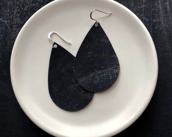 Cork Earrings- Tear Drop in Navy Cork. Hypoallergenic sterling silver hooks. Light weight earrings.