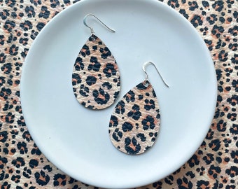 Leather Earrings- Mini Drop in peach, tan and orange leopard print. Hypoallergenic sterling silver hooks. Light weight earrings.