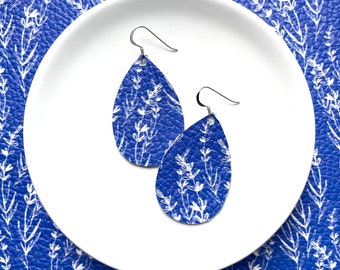 Leather Earrings- Mini Drop in cobalt vine. Blue earrings. Hypoallergenic sterling silver hooks. Light weight earrings. Floral earrings
