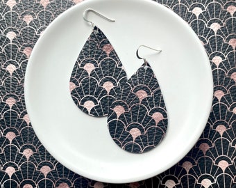 Leather Earrings- Tear Drop black and rose gold fanfare print. Black earrings. Hypoallergenic sterling silver hooks. Light weight earrings.