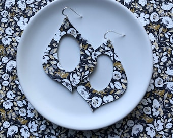 Leather Earrings- Genie shape in Navy floral print. Hypoallergenic sterling silver hooks. Light weight earrings.