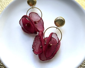 Leather earrings- dangle earrings in wine poppy. Flower earrings. 10mm gold leather stud. Light weight earrings. Maroon earrings.