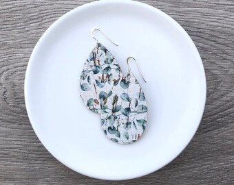 Cork Earrings with leather backing- Mini Drop in eucalyptus. Hypoallergenic sterling silver hooks. Light weight earrings.