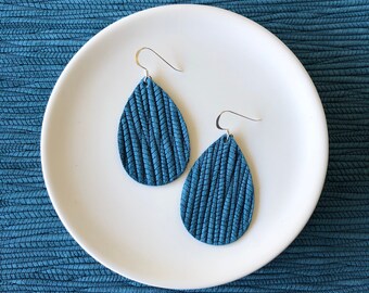 Leather Earrings- Mini Drop Bamboo Weave in teal print. Hypoallergenic sterling silver hooks. Light weight earrings.