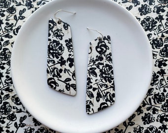 Cork earrings with leather backing- The Nova in black and white floral. Light weight earrings. Hypoallergenic sterling silver hook.