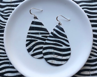 Cork Earrings- Tear Drop in Zebra Cork. Hypoallergenic sterling silver hooks. Light weight earrings.