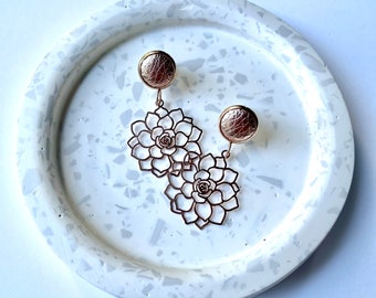 Rose gold rose dangle earrings with 10mm rose gold leather stud. Hypoallergenic stainless steel. Floral earrings. Rose gold earrings.