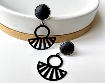 Black fan dangle earrings with 10mm black leather stud. Hypoallergenic stainless steel. Butterfly back. Black earrings. Black dangles.