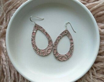 Leather Earrings- MINI Silhouette pink lace print. Hypoallergenic sterling silver hooks. Light weight earrings.