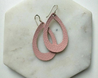 Leather Earrings- MINI Silhouette blush pink print. Hypoallergenic sterling silver hooks. Light weight earrings.