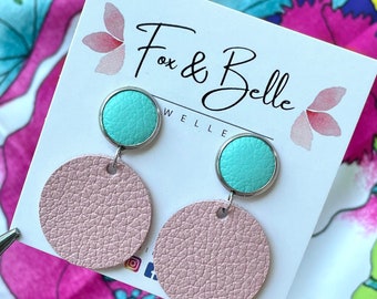 Colour block leather earrings in candy floss. Turquoise and pink earrings. Hypoallergenic stainless steel. 12mm stud. Light weight.