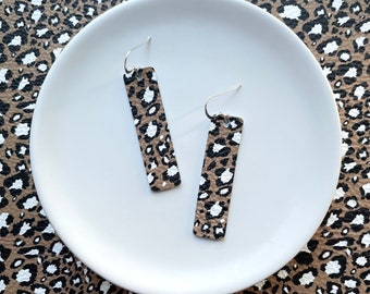Leather earrings- Bar design in wild thing leopard print. Hypoallergenic sterling silver hooks. Light weight earrings. Leopard earrings.