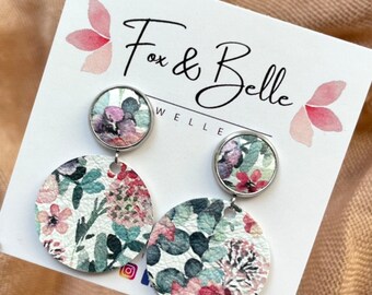 Large leather dangle earrings in rose Watercolour with leather stud. Stainless steel. Floral earrings. Light weight earring. 12mm stud.