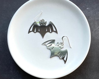 Halloween earrings. Silver bat earrings. Hypoallergenic sterling silver hooks. Scary earrings.