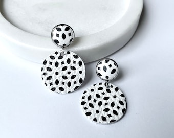 Large leather dangle earrings in black and white fleck Stainless steel. Hypoallergenic. Light weight earring. 12mm stud. Monochrome earring.