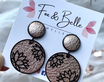 Leather dangle earrings- lotus in rose gold with black. Stainless steel post. Hypoallergenic. Light weight earring. 12mm stud.