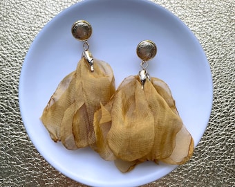 Leather earrings- bluebells in mustard. Soft material earrings. Stainless steel gold stud with floral detail. White earrings. Light weight.