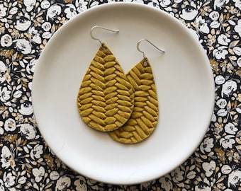 Leather Earrings- Tear Drop Yellow Braided print. Hypoallergenic sterling silver hooks. Light weight earrings.