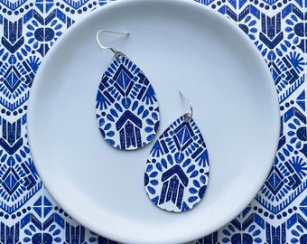 Leather Earrings- Mini Drop in Aztec blue print. Hypoallergenic sterling silver hooks. Light weight earrings.