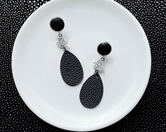 Cubic zirconia dangle earrings in silver and black. Bling earrings. Crystal earrings. Gem earrings. Light weight earrings. Leather earrings.
