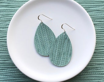 Leather Earrings- Mini Drop Bamboo Weave in forest green print. Hypoallergenic sterling silver hooks. Light weight earrings.