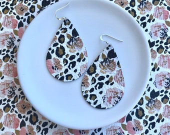 Leather Earrings- Tear Drop in pansies and leopard print. Hypoallergenic sterling silver hooks. Light weight earrings.