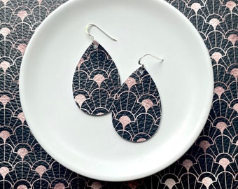 Leather Earrings- Mini Drop black and rose gold fanfare print. Black earrings. Hypoallergenic sterling silver hooks. Light weight earrings.