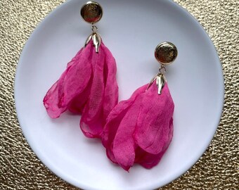 Leather earrings- bluebells in hot pink. Soft material earrings. Stainless steel gold stud with floral detail. Pink earrings. Light weight.