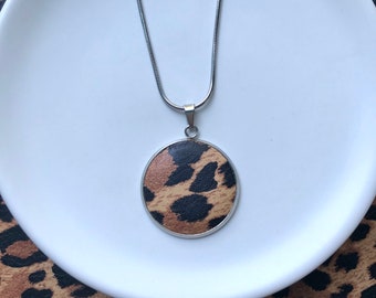 Leather Pendant Necklace in our Leopard print. Choice of short or long chain. All hypoallergenic surgical stainless steel.