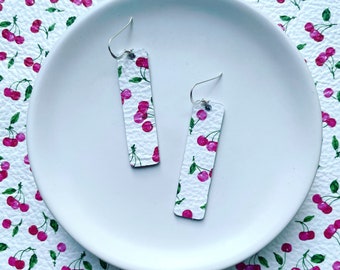 Leather earrings- Bar design in cherry. Hypoallergenic sterling silver hooks. Light weight earrings. Red earrings. Cherry earrings.