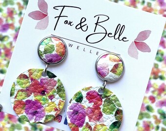 Large leather dangle earrings in summer blooms with leather stud. Stainless steel. Hypoallergenic. Light weight earring. Floral earrings.