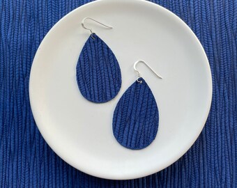 Leather Earrings- Mini Drop Bamboo Weave in blue print. Blue earrings. Hypoallergenic sterling silver hooks. Light weight earrings.