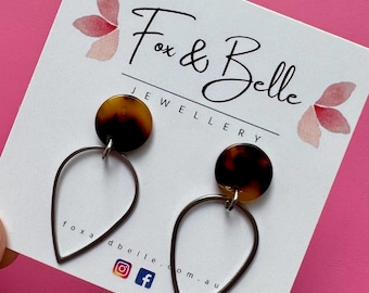 Tortoise shell Drop Earrings with Stainless Steel Teardrop Frames, Resin Studs - Fox & Belle Hypoallergenic Dangles
