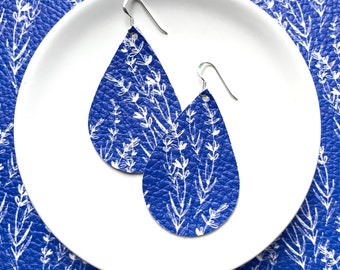 Leather Earrings- Tear Drop cobalt vine print. Blue earrings. Hypoallergenic sterling silver hooks. Light weight earrings. Floral earrings