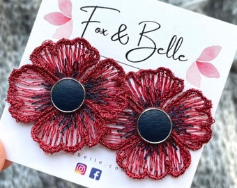 Daisy studs. Red floral earrings with navy leather stud centre. Fabric earrings. Floral studs. Hypoallergenic stud earrings.